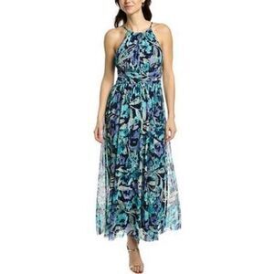 London Times Maxi Dress Womens 8 Petite Mesh Floral High Neck New